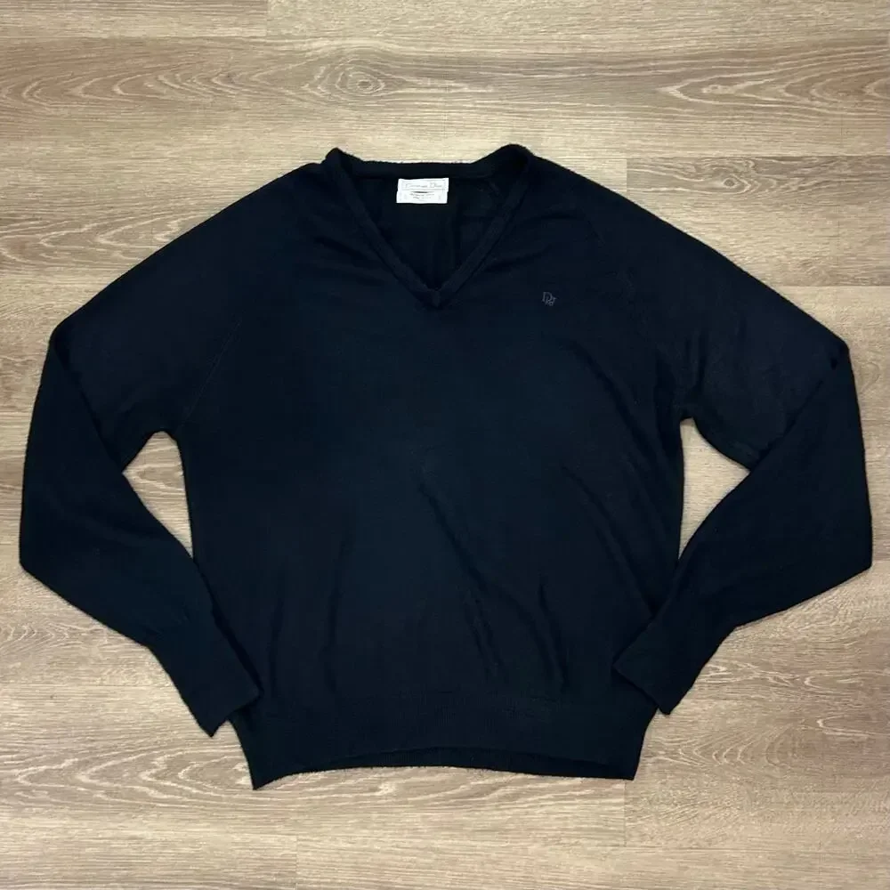 Vintage Christian‎ Dior V Neck Sweater Navy Minimakist Logo Knit XL USA